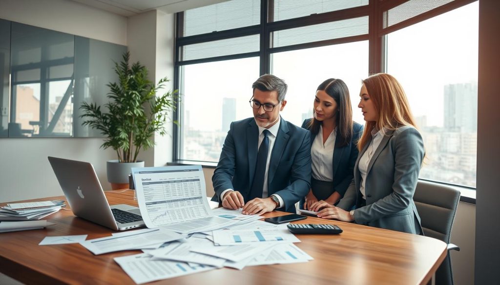 A professional and inviting office setting, showcasing a sleek wooden desk littered with documents, a laptop open displaying a financial spreadsheet, and a calculator. A diverse group of three business professionals—one man in a tailored navy suit and two women in smart casual attire—are engaged in a focused discussion, examining the documents. In the background, a window reveals a cityscape, with soft natural light pouring in, creating a warm atmosphere. A potted plant adds a touch of greenery to the scene. The composition emphasizes collaboration and efficiency in managing professional expenses, instilling a sense of purpose and clarity in optimizing professional declarations. The focus is sharp, conveying a motivational and productive environment for independent professionals. A professional and inviting office setting, showcasing a sleek wooden desk littered with documents, a laptop open displaying a financial spreadsheet, and a calculator. A diverse group of three business professionals—one man in a tailored navy suit and two women in smart casual attire—are engaged in a focused discussion, examining the documents. In the background, a window reveals a cityscape, with soft natural light pouring in, creating a warm atmosphere. A potted plant adds a touch of greenery to the scene. The composition emphasizes collaboration and efficiency in managing professional expenses, instilling a sense of purpose and clarity in optimizing professional declarations. The focus is sharp, conveying a motivational and productive environment for independent professionals.