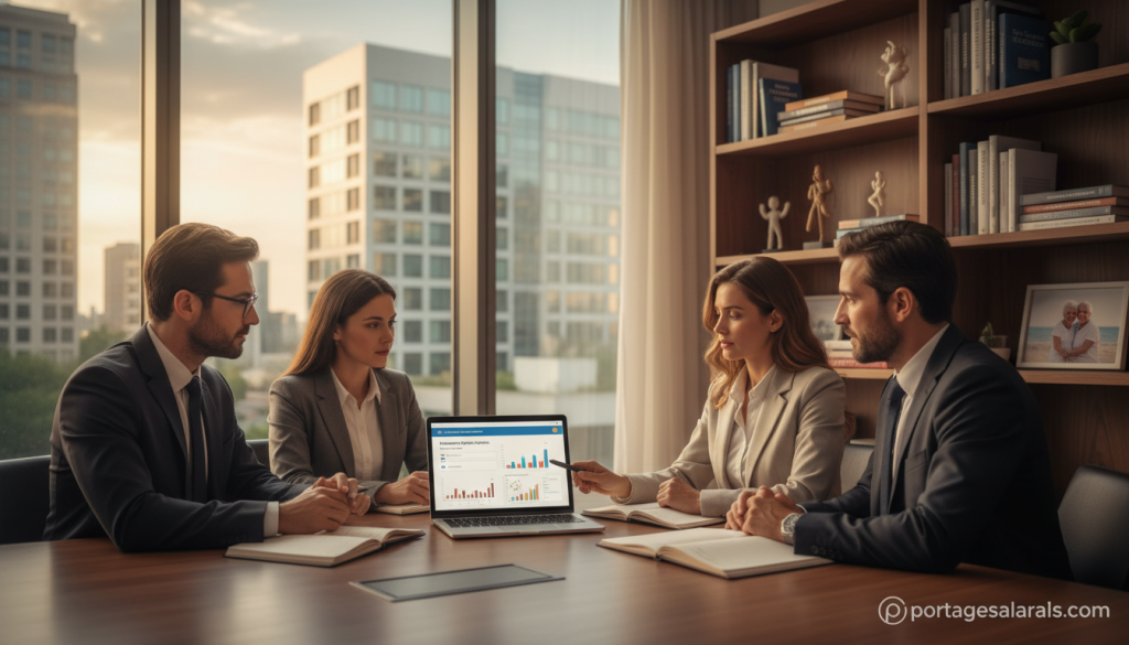 A professional and inviting office setting that captures the essence of retirement planning for salaried employees. In the foreground, a diverse group of three business professionals, dressed in smart attire, engage in a discussion around a table with documents and a laptop showcasing financial graphs and retirement options. The middle ground features a large window offering a view of a modern cityscape, symbolizing growth and opportunity. Soft, ambient lighting highlights their focused expressions, creating a warm, encouraging atmosphere. In the background, a shelf filled with financial books and decor emphasizes the theme of retirement knowledge. The overall tone is informative and aspirational, reflecting the article's theme. Include the brand name "portagesalarials.com" subtly integrated into the environment, ensuring cohesiveness with the subject matter.