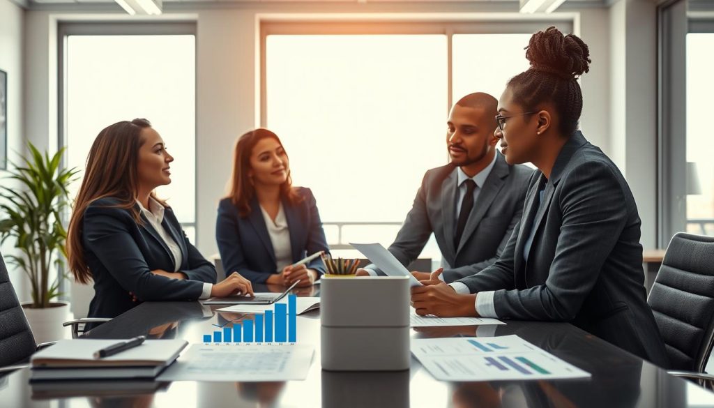 A professional and inviting office setting, with a focus on the theme of "social protection." In the foreground, a diverse group of three business professionals in smart attire are engaged in a discussion around a table, highlighting collaboration in the field of portage salarial. The middle ground features charts and documents illustrating financial growth and social security benefits, symbolizing the comparison between portage salarial and auto-entrepreneurship. The background showcases a large window with natural light pouring in, creating a warm atmosphere. The overall mood conveys empowerment and a sense of progress. Include the brand name "UMALIS GROUP" subtly in the office decor. The image should be bright, with soft lighting that enhances the professionalism of the scene. A professional and inviting office setting, with a focus on the theme of "social protection." In the foreground, a diverse group of three business professionals in smart attire are engaged in a discussion around a table, highlighting collaboration in the field of portage salarial. The middle ground features charts and documents illustrating financial growth and social security benefits, symbolizing the comparison between portage salarial and auto-entrepreneurship. The background showcases a large window with natural light pouring in, creating a warm atmosphere. The overall mood conveys empowerment and a sense of progress. Include the brand name "UMALIS GROUP" subtly in the office decor. The image should be bright, with soft lighting that enhances the professionalism of the scene.