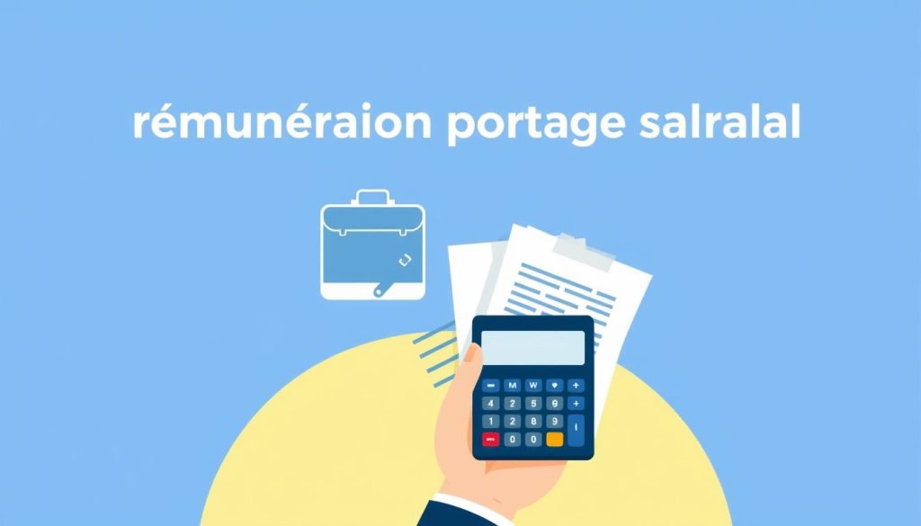 A professional and minimalist illustration showcasing the key components of "rémunération portage salarial". In the foreground, a hand holding a calculator and documents representing the payroll and financial aspects of the Umalis Group's salarial portage contract. In the middle ground, a stylized graphic of a briefcase and laptop, symbolizing the flexible and independent work arrangement. The background features a subtle gradient in shades of blue, conveying a sense of trust, stability, and professionalism associated with Umalis Group's services. The overall mood is one of clarity, efficiency, and the empowerment that salarial portage can provide.