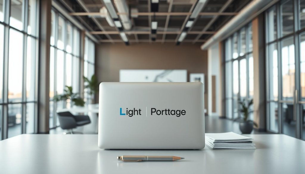 A professional and modern business office setting, with a well-lit and airy atmosphere. In the foreground, a desk showcases the "Light Portage" brand, its sleek and minimalist design complementing the overall aesthetic. On the desk, a laptop, a pen, and a stack of documents convey a sense of productivity and efficiency. The middle ground features a comfortable office chair and a plant, adding a touch of life and nature to the scene. The background is filled with floor-to-ceiling windows, allowing natural light to flood the space and creating a sense of openness and tranquility. The overall mood is one of professionalism, organization, and the advantages of "Light Portage" for the portage salarial industry.