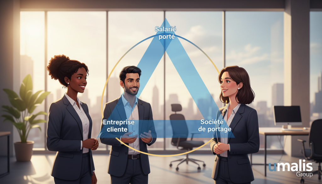 A professional and modern illustration depicting the concept of "Relation triangulaire portage salarial". In the foreground, three business professionals of diverse backgrounds are standing together, smiling and engaged in a collaborative discussion. They are dressed in professional business attire. In the middle, a large triangular diagram subtly represents the three key components of this relationship: the employee, the company, and the portage company, with flowing lines connecting each point. The background features a contemporary office environment with large windows, casting warm, natural light, creating an inviting atmosphere. Soft focus on the background emphasizes the subjects and the diagram, enhancing clarity. The overall mood is positive and collaborative, reflecting the benefits of portage salarial, with the brand name "Umalis Group" subtly integrated into the design.