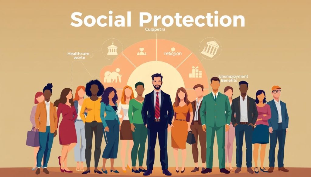 A professional and modern illustration depicting the concept of "social protection" in the context of "portage salarial" (employee leasing). In the foreground, a diverse group of individuals stand together, representing the diverse workforce supported by the Umalis Group's employee leasing services. Behind them, a stylized graphic showcases the key elements of social protection, such as healthcare, retirement, and unemployment benefits. The scene is bathed in a warm, reassuring color palette, conveying a sense of security and well-being. The composition is balanced and visually striking, designed to effectively communicate the advantages of social protection in the context of employee leasing.