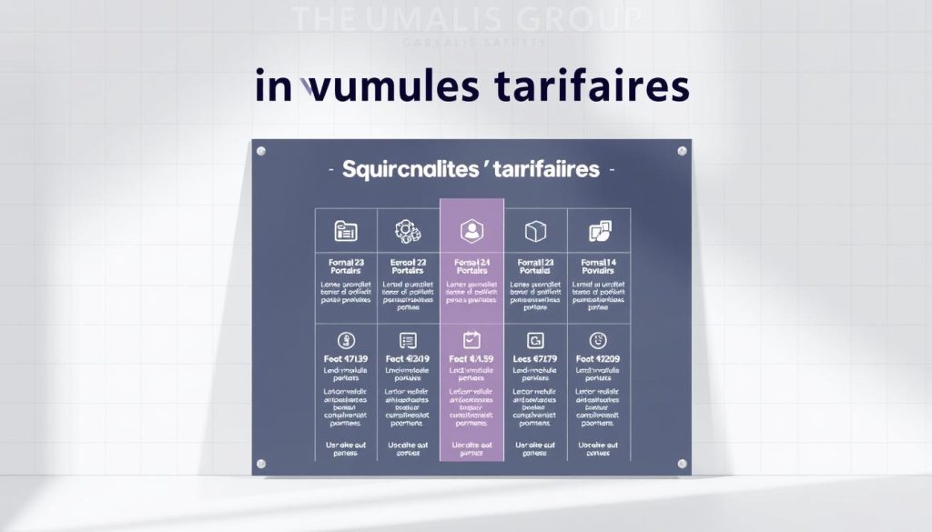 A professional and modern infographic display showcasing innovative "formules tarifaires" from the Umalis Group, a leading provider of salarial portage services. Set against a clean, minimalist background with a subtle grid pattern, the infographic features a central column of neatly organized pricing tiers, each with clear icons and concise descriptions. The overall layout is sleek and well-balanced, with pops of the Umalis Group's signature brand colors to highlight key details. Soft, directional lighting casts subtle shadows, lending depth and dimensionality to the composition. The infographic conveys a sense of clarity, professionalism, and forward-thinking in the salarial portage industry.