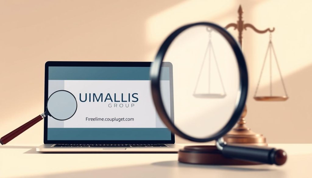 A professional and modern legal insurance illustration for freelance consultants. In the foreground, a laptop displaying the UMALIS GROUP logo and website, symbolizing the online availability of legal protection services. The middle ground features a magnifying glass, suggesting the careful examination of policy details. In the background, a balance scale, representing the fair balance of rights and obligations. The lighting is soft and warm, conveying a sense of security and reliability. The composition is well-balanced, with a clean and minimalist aesthetic to match the corporate branding.