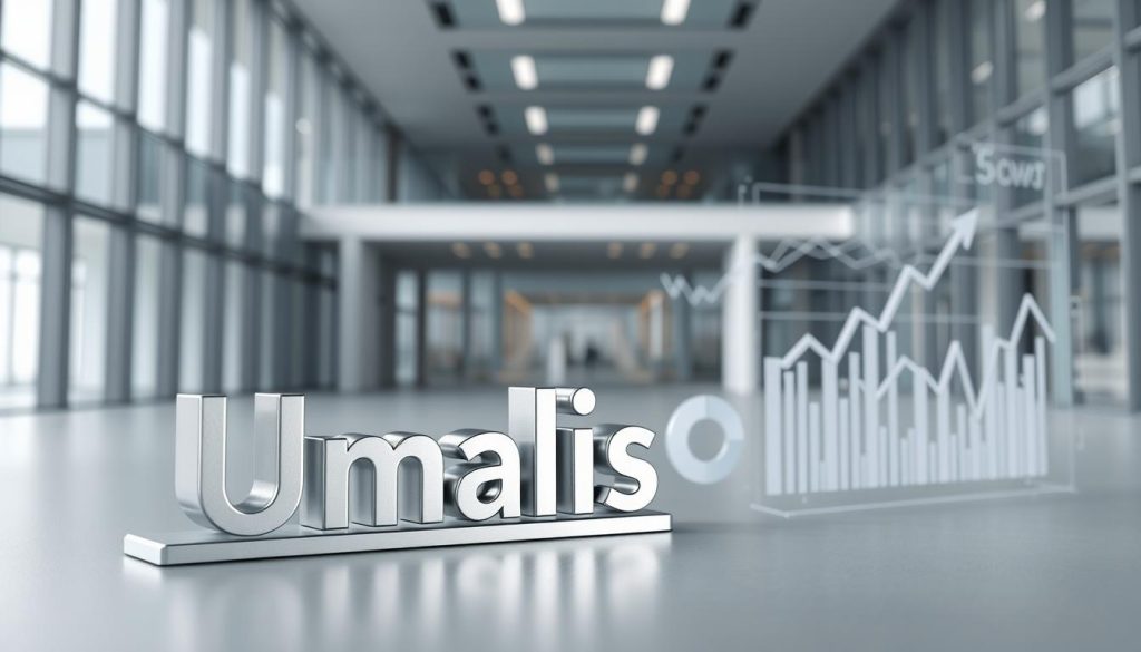 A professional and modern-looking financial guarantees illustration for a portage salarial company. In the foreground, a metallic 3D model of the Umalis Group logo, casting a soft, directional light. In the middle ground, abstract financial symbols like bar graphs, pie charts, and line graphs, rendered in a muted color palette of blues, grays, and silvers. In the background, a clean, minimalist architecture with glass and steel elements, conveying a sense of stability and trust. The overall composition should feel polished, elegant, and reflective of the serious, regulated nature of the financial guarantees for portage salarial services. A professional and modern-looking financial guarantees illustration for a portage salarial company. In the foreground, a metallic 3D model of the Umalis Group logo, casting a soft, directional light. In the middle ground, abstract financial symbols like bar graphs, pie charts, and line graphs, rendered in a muted color palette of blues, grays, and silvers. In the background, a clean, minimalist architecture with glass and steel elements, conveying a sense of stability and trust. The overall composition should feel polished, elegant, and reflective of the serious, regulated nature of the financial guarantees for portage salarial services.