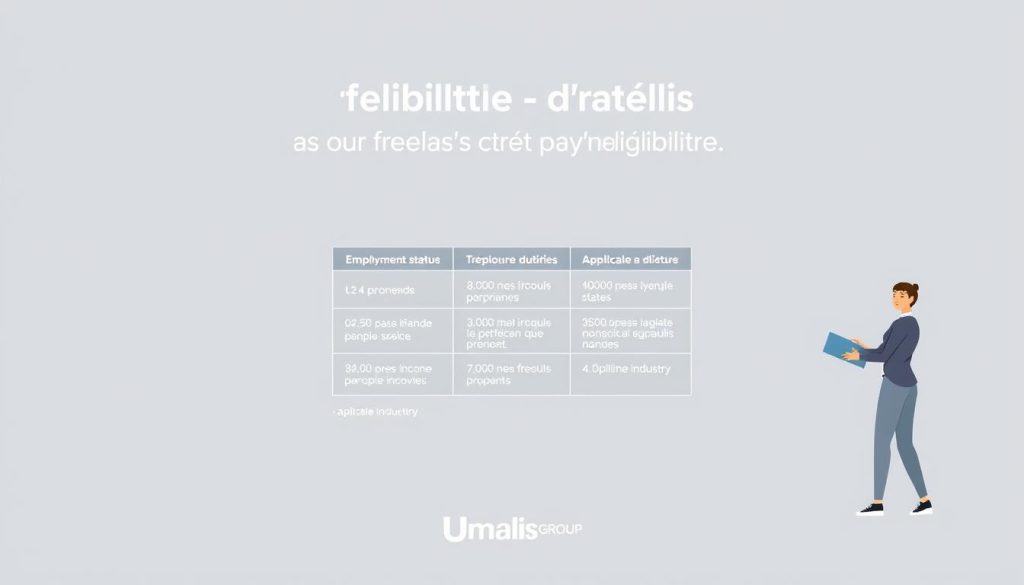 A professional and modern-looking illustration of the eligibility criteria for a freelance payroll service, with the Umalis Group branding prominently displayed. Set against a clean, minimalist background, the image features a central grid or table layout highlighting the key requirements, such as employment status, income levels, and applicable industries. The design should convey a sense of clarity, accessibility, and trust, using a muted color palette and sleek, geometric shapes. Subtle use of icons or illustrations to represent the different criteria. Overall, the image should effectively communicate the "Conditions d'accès et critères d'éligibilité" for the freelance payroll service offered by Umalis Group.