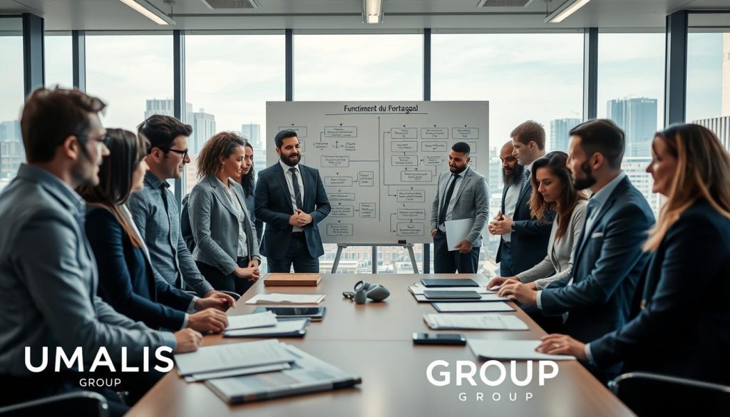 A professional and modern office environment illustrating the concept of "Fonctionnement du portage salarial." In the foreground, a diverse group of people in business attire, engaged in discussion around a table filled with documents and digital devices. The middle ground features a whiteboard with flowcharts and diagrams explaining salary porting processes, emphasizing clarity and structure. In the background, large windows provide natural light, with a city skyline visible, enhancing a dynamic and successful atmosphere. The lighting is bright and inviting, with a soft focus effect to create depth. The overall mood is one of collaboration and innovation. Include subtle branding elements of "UMALIS GROUP" in the scene, ensuring they blend harmoniously into the environment.