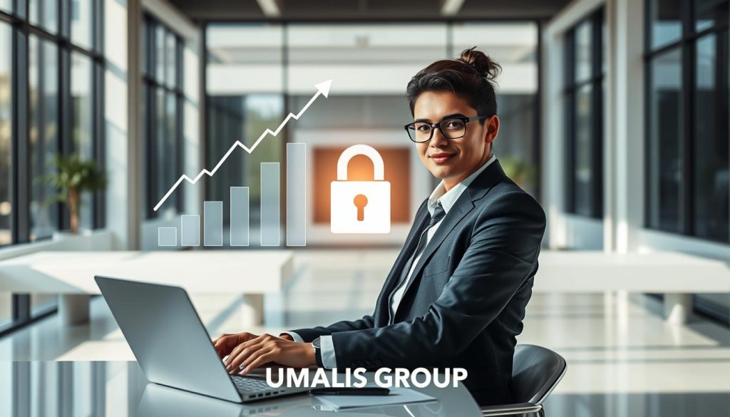 A professional and modern office environment illustrating the concept of "portage salarial" benefits and security. In the foreground, a confident business consultant, dressed in smart business attire, is sitting at a desk, reviewing documents on a laptop, exuding professionalism and focus. The middle layer features a graphical representation of financial growth and stability, like upward-trending graphs and secure padlocks, symbolizing the advantages of portage salarial. The background displays a sleek office with large windows allowing natural daylight to flood in, creating a bright and welcoming atmosphere. The overall mood is one of empowerment and success, emphasizing independence in the professional world. Include the brand logo of "UMALIS GROUP" subtly integrated into the office design, enhancing the theme without overpowering the scene.