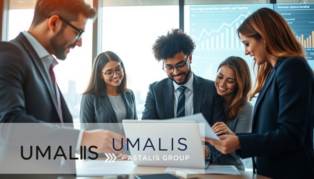 A professional and modern office environment is depicted in the foreground, showcasing a diverse group of three engaged freelance professionals in smart business attire, discussing ideas over a laptop and documents. In the middle ground, a large window lets in soft, natural daylight, highlighting a serene urban landscape outside, symbolizing opportunity and growth. In the background, elements of digital connectivity, like charts and graphs on screens, represent the advantages of social protection for freelancers, subtly connecting to the theme of "Avantages protection sociale salarié porté." The mood is collaborative and optimistic, emphasizing empowerment and professionalism. The brand name "UMALIS GROUP" is stylishly incorporated into the scene without text overlays. The image is captured with a soft focus lens, providing warmth and inviting ambiance. A professional and modern office environment is depicted in the foreground, showcasing a diverse group of three engaged freelance professionals in smart business attire, discussing ideas over a laptop and documents. In the middle ground, a large window lets in soft, natural daylight, highlighting a serene urban landscape outside, symbolizing opportunity and growth. In the background, elements of digital connectivity, like charts and graphs on screens, represent the advantages of social protection for freelancers, subtly connecting to the theme of "Avantages protection sociale salarié porté." The mood is collaborative and optimistic, emphasizing empowerment and professionalism. The brand name "UMALIS GROUP" is stylishly incorporated into the scene without text overlays. The image is captured with a soft focus lens, providing warmth and inviting ambiance.