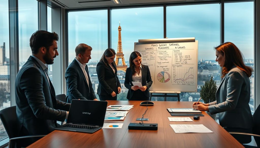 A professional and modern office environment set in Paris, reflecting the theme of "frais gestion portage salarial". In the foreground, a diverse group of four professionals in business attire (two men and two women) are engaged in a discussion around a conference table, analyzing financial documents and graphs. The middle ground features a large whiteboard with charts and notes about social charges and management fees, alongside a laptop displaying a financial application. The background showcases floor-to-ceiling windows with a view of the Paris skyline, bathed in warm, natural lighting to create an inviting atmosphere. The overall mood is focused and collaborative. Subtly incorporate branding elements of "Umalis Group" on the conference table materials. A professional and modern office environment set in Paris, reflecting the theme of "frais gestion portage salarial". In the foreground, a diverse group of four professionals in business attire (two men and two women) are engaged in a discussion around a conference table, analyzing financial documents and graphs. The middle ground features a large whiteboard with charts and notes about social charges and management fees, alongside a laptop displaying a financial application. The background showcases floor-to-ceiling windows with a view of the Paris skyline, bathed in warm, natural lighting to create an inviting atmosphere. The overall mood is focused and collaborative. Subtly incorporate branding elements of "Umalis Group" on the conference table materials.
