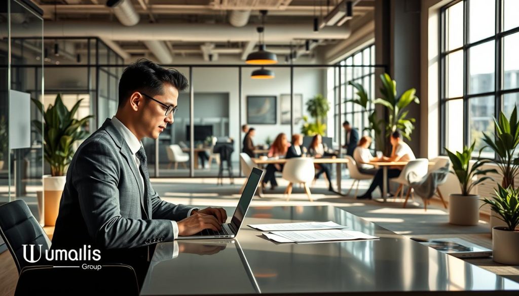 A professional and modern office environment showcases the concept of "portage salarial". In the foreground, a focused individual in professional business attire works at a sleek desk, using a laptop, with documents and a coffee cup beside them, illustrating productivity and independence. The middle layer features a diverse team of freelancers collaborating, discussing, and exchanging ideas in an open office space with glass partitions, plants, and modern furniture, symbolizing community and support. In the background, large windows let in natural light, creating a vibrant atmosphere. Soft shadows enhance depth, while a warm color palette evokes a sense of professionalism and encouragement. Subtle branding of "Umalis Group" is seamlessly integrated into the office decor, promoting a sense of trust and reliability in the portage salarial concept.
