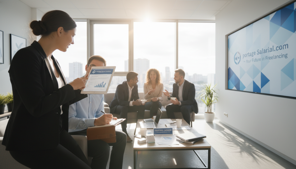 A professional and modern office environment showcasing a diverse group of people engaged in discussions about finding a portage salarial company. In the foreground, a confident businesswoman in formal attire is pointing at a digital tablet, displaying relevant information. To her side, a professional man with glasses is taking notes. In the middle ground, a small table cluttered with paperwork, laptops, and business cards related to salary portage services. The background features a large window with sunlight filtering through, casting a warm, inviting glow over the scene. The atmosphere is collaborative and focused, emphasizing professionalism and teamwork. Include a subtle hint of the brand name "portagesalarials.com" in the background as part of the office decor. Use natural lighting with a soft focus and a wide-angle lens for depth.