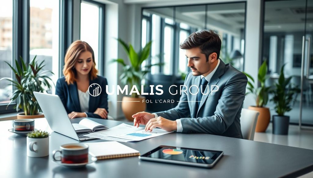 A professional and modern office environment with two individuals in formal business attire, engaged in a discussion about "portage salarial" and "forfait journalier." In the foreground, a woman in a navy blazer and a man in a gray suit are analyzing charts on a laptop, symbolizing collaboration and innovation. The middle layer features a sleek desk with a notebook, coffee cups, and a digital tablet displaying graphs. The background showcases a stylish office with large windows, letting in natural light, while plants add a touch of green. The atmosphere is focused and dynamic, reflecting the themes of professionalism and clarity. The brand name "UMALIS GROUP" subtly integrated into the office decor, creating a cohesive and inviting image. A professional and modern office environment with two individuals in formal business attire, engaged in a discussion about "portage salarial" and "forfait journalier." In the foreground, a woman in a navy blazer and a man in a gray suit are analyzing charts on a laptop, symbolizing collaboration and innovation. The middle layer features a sleek desk with a notebook, coffee cups, and a digital tablet displaying graphs. The background showcases a stylish office with large windows, letting in natural light, while plants add a touch of green. The atmosphere is focused and dynamic, reflecting the themes of professionalism and clarity. The brand name "UMALIS GROUP" subtly integrated into the office decor, creating a cohesive and inviting image.