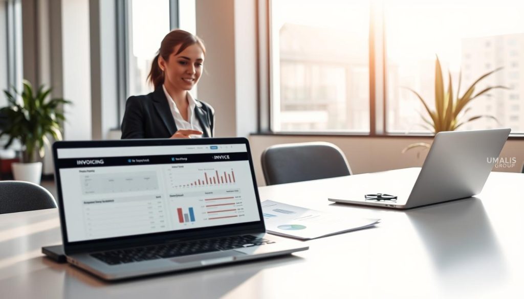 A professional and modern office setting as the backdrop, featuring a sleek desk with a laptop displaying financial data related to "TJM" and invoicing. In the foreground, a confident businesswoman, dressed in smart business attire, is discussing with a colleague while pointing at the screen, symbolizing teamwork and professional transition. The middle of the image presents documents and charts related to billing and invoicing for "portage salarial", emphasizing financial stability. Soft, natural lighting filters through large windows, creating an inviting and focused atmosphere. Elements that resonate with the idea of secure billing and professional growth are incorporated, such as a small logo of "UMALIS GROUP" subtly placed on the laptop. The overall mood is one of clarity, professionalism, and optimism, reflecting the theme of securing one's career and finances. A professional and modern office setting as the backdrop, featuring a sleek desk with a laptop displaying financial data related to "TJM" and invoicing. In the foreground, a confident businesswoman, dressed in smart business attire, is discussing with a colleague while pointing at the screen, symbolizing teamwork and professional transition. The middle of the image presents documents and charts related to billing and invoicing for "portage salarial", emphasizing financial stability. Soft, natural lighting filters through large windows, creating an inviting and focused atmosphere. Elements that resonate with the idea of secure billing and professional growth are incorporated, such as a small logo of "UMALIS GROUP" subtly placed on the laptop. The overall mood is one of clarity, professionalism, and optimism, reflecting the theme of securing one's career and finances.