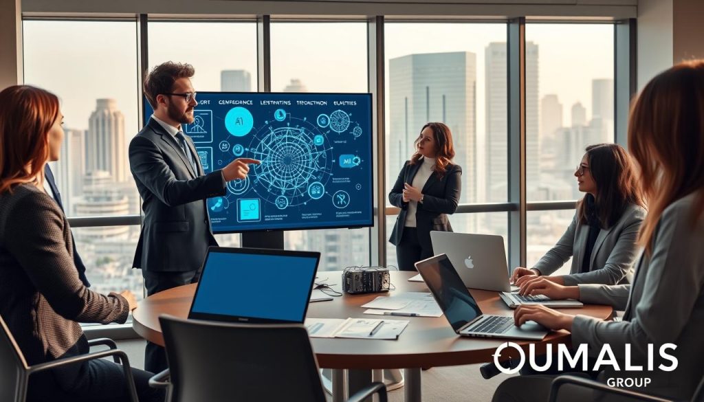 A professional and modern office setting, depicting a diverse group of business professionals engaged in a collaborative discussion about LLMs, generative AI, and intelligent agents. In the foreground, a man and a woman, dressed in business attire, are pointing at a digital screen displaying complex AI diagrams and data. The middle ground features a round table with laptops, notes, and AI-related visuals spread out. In the background, large windows showcase a city skyline, enhancing the corporate ambiance. Soft, focused lighting illuminates the scene, creating a warm, inviting atmosphere. Emphasize the theme of innovation and teamwork. Include elements symbolizing AI, such as neural networks and digital interfaces. Brand name "UMALIS GROUP" subtly integrated into the scene.