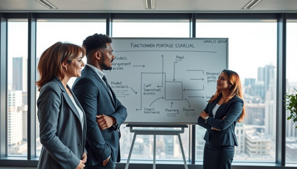 A professional and modern office setting depicting the concept of "Fonctionnement portage salarial". In the foreground, a diverse group of three professionals, a Caucasian woman, a Black man, and a South Asian woman, are engaged in a discussion, all dressed in smart business attire. The middle ground features a large whiteboard with diagrams illustrating the models of portage salarial, with arrows and flowcharts detailing the process. In the background, large windows let in natural light, showing a city skyline, creating a vibrant and inspiring atmosphere. The overall lighting is bright and focused, casting soft shadows around the subjects, enhancing a sense of collaboration and innovation. Include a subtle logo of "UMALIS GROUP" on the whiteboard.