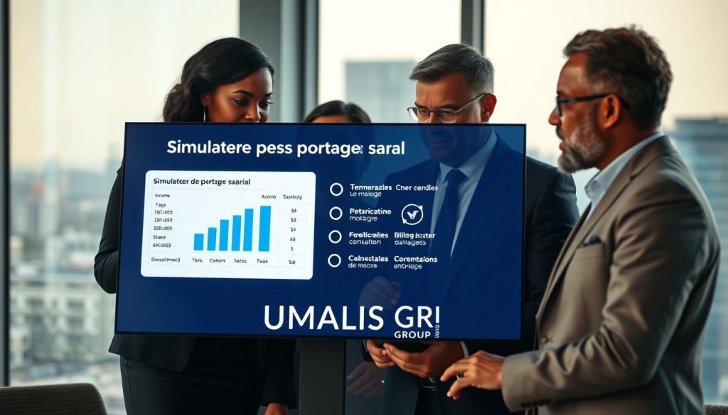 A professional and modern office setting dominated by a sleek digital interface displaying a "Simulateur de portage salarial". In the foreground, a diverse group of business professionals, including a Black woman and a Middle-Eastern man, attentively analyze the simulation results on a large touchscreen. They are dressed in smart business attire, conveying collaboration and focus. In the middle, an infographic highlighting key concepts related to income estimation and billable days is softly illuminated by ambient light. The background features large windows with a city skyline, signifying an urban environment. Soft, neutral lighting creates a professional atmosphere, while a lens effect subtly blurs the background to emphasize the figures in the foreground. The brand name "UMALIS GROUP" is integrated into the interface design, enhancing the theme of financial simulation without any text overlays or captions.