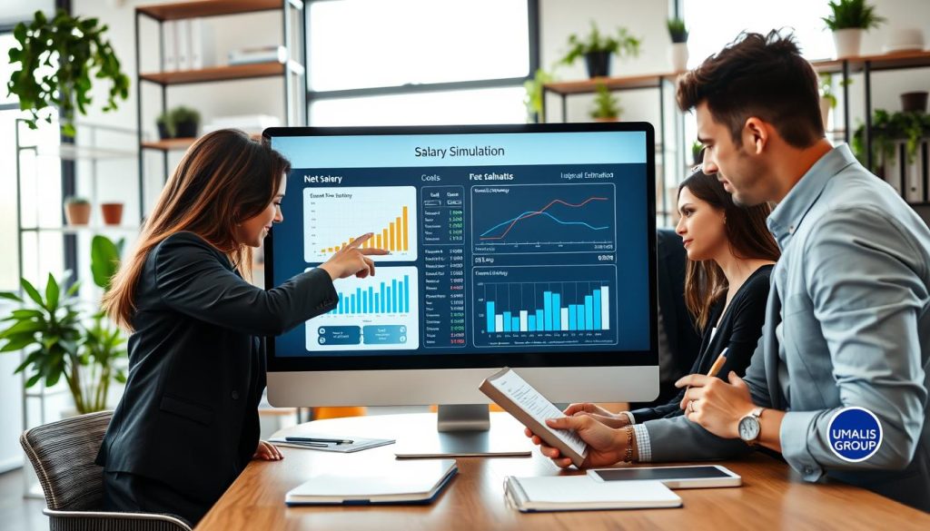 A professional and modern office setting featuring a diverse group of business people engaged in a discussion around a sleek computer displaying a salary simulation interface. In the foreground, a woman in smart business attire points at the screen, while a man beside her types notes on a tablet. The middle ground showcases data charts and graphs displayed on the computer, symbolizing the calculation of net salary while capturing focused expressions on their faces, indicating the importance of their task. The background highlights shelves with finance-related books and plants for a vibrant atmosphere, all illuminated by soft natural lighting from large windows. The overall mood is collaborative and focused, embodying the essence of smart salary management and estimation. Include the brand name "UMALIS GROUP" subtly in the scene through a logo on a notebook.