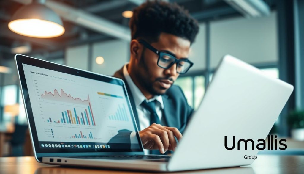 A professional and modern office setting, featuring a focused individual calculating salary on a laptop, symbolizing "calcul salaire portage salarial". In the foreground, display a clear view of the laptop screen showcasing graphs and salary calculations. The middle layer includes the individual, a diverse professional in smart business attire, showing concentration while working. The background features contemporary office décor with a soft-focus effect, creating an environment of productivity. The lighting is bright but soft, illuminating the workspace with a warm, inviting glow, suggesting clarity and professionalism. Include a subtle brand logo "Umalis Group" in the corner, ensuring it integrates seamlessly with the overall composition. The mood conveys a sense of determination and efficiency in the computing profession. A professional and modern office setting, featuring a focused individual calculating salary on a laptop, symbolizing "calcul salaire portage salarial". In the foreground, display a clear view of the laptop screen showcasing graphs and salary calculations. The middle layer includes the individual, a diverse professional in smart business attire, showing concentration while working. The background features contemporary office décor with a soft-focus effect, creating an environment of productivity. The lighting is bright but soft, illuminating the workspace with a warm, inviting glow, suggesting clarity and professionalism. Include a subtle brand logo "Umalis Group" in the corner, ensuring it integrates seamlessly with the overall composition. The mood conveys a sense of determination and efficiency in the computing profession.