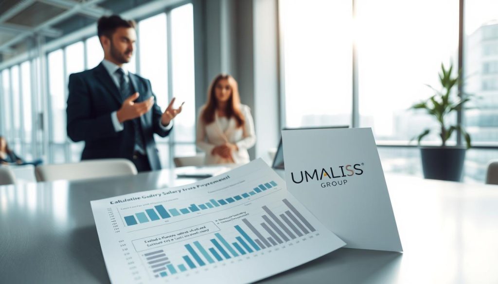 A professional and modern office setting, focused on a well-dressed business consultant explaining the process of calculating gross salary in salary portage. In the foreground, a detailed document with charts and graphs illustrating the transition from revenue to estimated salary is placed on a sleek desk. The middle ground includes the consultant passionately discussing with a client, who is attentively listening, both captured in professional attire. The background features a large window allowing natural light to flood the room, enhancing the atmosphere of clarity and business efficiency. The color palette consists of soft blues and whites to evoke a sense of tranquility, while the brand name "UMALIS GROUP" is subtly integrated into the document. The overall mood is one of professionalism, focus, and collaboration.