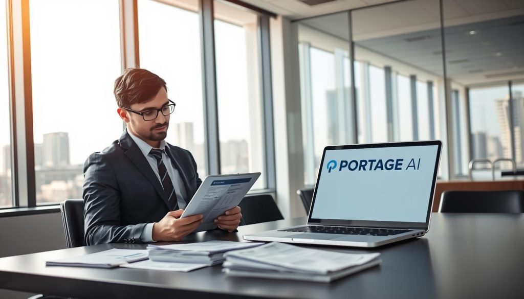 A professional and modern office setting illustrating the "Processus de facturation en portage salarial." In the foreground, a businessperson in smart attire is reviewing a digital contract on a tablet, with focused expression. In the middle, a sleek desk features a laptop showing a financial dashboard and a stack of neatly organized papers, including invoices and receipts. The background displays a large window with cityscape views, bathed in soft, natural lighting, creating a productive atmosphere. The overall mood is efficient and professional, reflecting the responsibilities involved in freelance billing and contractual agreements. Include the "PORTAGE AI" logo subtly incorporated on the laptop screen.