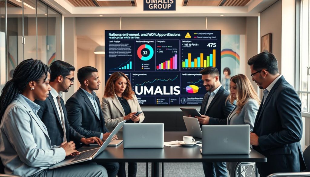 A professional and modern office setting illustrating the analysis of work indicators and missions. In the foreground, a diverse group of professionals in business attire—men and women of various ethnic backgrounds—are engaged in discussion, examining charts and graphs on laptops and digital devices. In the middle, a large screen displays colorful data visualizations and analytics, reflecting national employment trends and local opportunities. The background shows a sleek, well-lit office with glass walls and motivational artwork, creating an inspiring atmosphere. Soft, natural lighting filters through windows, enhancing a collaborative mood. The branding "UMALIS GROUP" subtly integrated into the office decor. The image has a clean, contemporary aesthetic with a focus on teamwork and analysis.