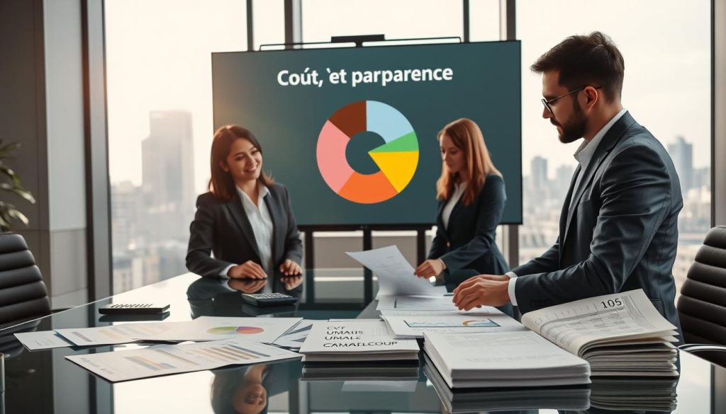 A professional and modern office setting illustrating the concept of "coût portage salarial." In the foreground, a diverse group of three individuals in business attire—two men and one woman—analyzing financial documents on a sleek glass table, showcasing graphs and calculators. The middle ground features a large screen displaying a pie chart labeled "Coût et transparence," symbolizing fees and salary integration. In the background, a large window with natural light pouring in, revealing a city skyline, enhancing the atmosphere of professionalism and opportunity. The mood is focused and collaborative, emphasizing clarity and transparency in financial discussions. Include the brand name "UMALIS GROUP" on one of the documents on the table.