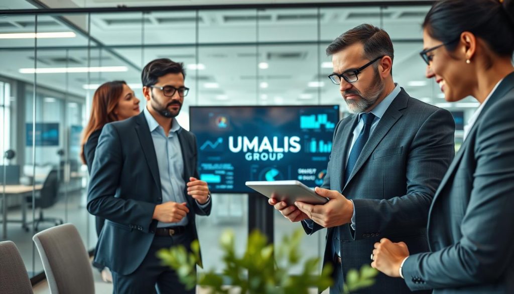 A professional and modern office setting, showcasing a diverse group of business consultants discussing digital solutions for enterprises. In the foreground, two consultants in business attire, a man and a woman, are engaged in a conversation over a tablet displaying digital interfaces and graphs. The middle ground features a large screen with the logo "UMALIS GROUP" prominently displayed, illustrating no-code and AI applications. The background reveals glass partitions with collaborative workspaces, soft lighting filtering through the windows, enhancing the open and innovative atmosphere. Use a wide-angle lens to capture the details and depth of the setting, creating a dynamic composition that reflects professionalism and technological advancement. The overall mood is focused, inspiring, and forward-thinking, emphasizing the integration of digital solutions in consultancy.