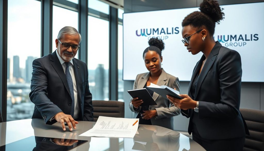 A professional and modern office setting showcasing a diverse group of consultants engaged in a discussion about choosing the right "portage salarial" company. In the foreground, a middle-aged South Asian man in a navy suit points to a document on a sleek conference table, while a young Black woman in business attire takes notes, displaying focus and intent. The middle ground features a large window revealing a city skyline, with soft natural sunlight filtering in, casting a warm glow on the scene. The background includes a digital screen with the logo of "UMALIS GROUP," emphasizing professionalism and security. The atmosphere is collaborative, emphasizing teamwork and informed decision-making, perfect for portraying the theme of selecting the appropriate portage société.