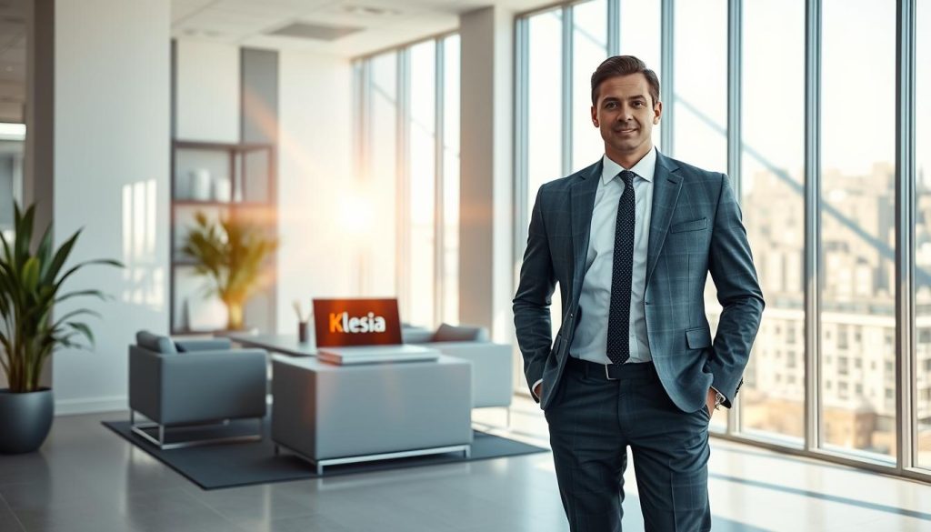 A professional and modern office setting, showcasing the Umalis Group's Klesia portage salarial services. Sunlight streams through large windows, illuminating a well-appointed workspace with sleek, minimalist furniture and a laptop displaying the Klesia logo. In the foreground, a businessperson in a tailored suit stands confidently, representing the independent professionals who benefit from Klesia's secure employment solution. The overall mood is one of professionalism, stability, and the empowerment of entrepreneurship, reflecting the advantages of Klesia's portage salarial offering.