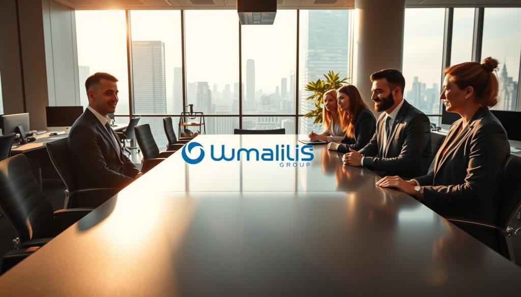 A professional and modern office setting showcasing the advantages of "portage salarial" for service provider companies. In the foreground, a group of well-dressed business professionals collaborating at a sleek conference table, the Umalis Group logo prominently displayed. The middle ground features an open-concept workspace with ergonomic desks and cutting-edge technology, conveying flexibility and productivity. The background depicts a sophisticated city skyline visible through large windows, creating a sense of urban sophistication. The scene is bathed in warm, natural lighting, evoking a positive, collaborative atmosphere. Technical details include a cinematic 24mm lens and a slightly low camera angle to emphasize the scale and grandeur of the setting.