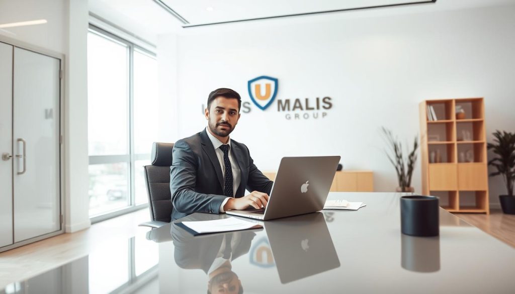 A professional and modern office setting, showcasing the concept of "portage salarial" for consultants. In the foreground, a well-dressed consultant sits at a sleek desk, laptop open, paperwork neatly arranged. The middle ground features an Umalis Group logo prominently displayed on the wall, conveying a sense of professionalism and security. The background depicts a minimalist, yet stylish interior with large windows allowing natural light to flood the space, creating a calm and productive atmosphere. The lighting is soft and diffused, highlighting the consultant's focused expression. The camera angle is slightly elevated, giving an authoritative and confident perspective on the scene.