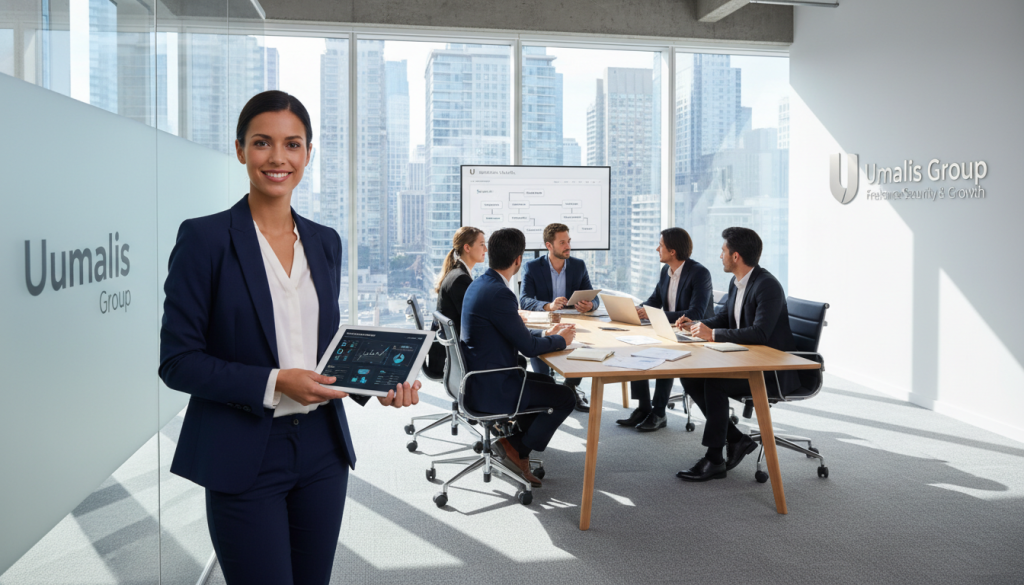 A professional and modern office setting showcasing the theme of "securing freelance portage salarial." In the foreground, a confident businesswoman in smart casual attire, holding a tablet with a digital dashboard displaying financial metrics, symbolizing effective management. In the middle ground, a group of diverse professionals engaging in discussion, each dressed in professional business attire, with documents and laptops on a sleek conference table. The background features large windows allowing natural light to flood the room, creating a bright and inviting atmosphere. Soft shadows enhance the depth of the scene, suggesting a collaborative and focused environment. The brand name "Umalis Group" is subtly integrated into the design of the office space, reinforcing the theme of security and professionalism in freelancing. A professional and modern office setting showcasing the theme of "securing freelance portage salarial." In the foreground, a confident businesswoman in smart casual attire, holding a tablet with a digital dashboard displaying financial metrics, symbolizing effective management. In the middle ground, a group of diverse professionals engaging in discussion, each dressed in professional business attire, with documents and laptops on a sleek conference table. The background features large windows allowing natural light to flood the room, creating a bright and inviting atmosphere. Soft shadows enhance the depth of the scene, suggesting a collaborative and focused environment. The brand name "Umalis Group" is subtly integrated into the design of the office space, reinforcing the theme of security and professionalism in freelancing.