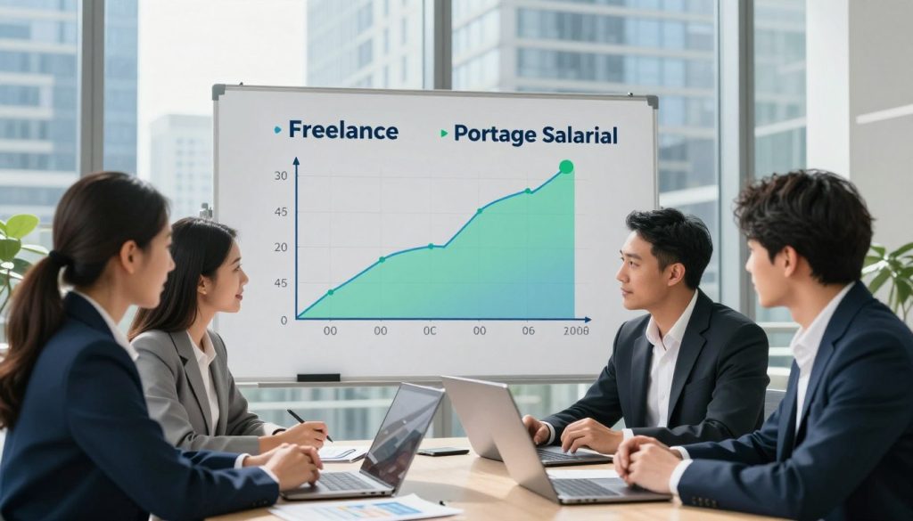 A professional and modern office setting that visually represents the comparison of income between freelance work and portage salarial. In the foreground, a diverse group of three individuals in professional business attire are engaged in a discussion around a table with laptops and financial charts. In the middle, a large whiteboard displays a clear graph comparing incomes, with one side labeled “Freelance” and the other “Portage Salarial.” The background features a sleek cityscape visible through large windows, reflecting a bright, sunny day. Soft, natural lighting casts an optimistic atmosphere, emphasizing collaboration and professionalism, with a balanced color palette of blues and greens to signify trust and growth. A professional and modern office setting that visually represents the comparison of income between freelance work and portage salarial. In the foreground, a diverse group of three individuals in professional business attire are engaged in a discussion around a table with laptops and financial charts. In the middle, a large whiteboard displays a clear graph comparing incomes, with one side labeled “Freelance” and the other “Portage Salarial.” The background features a sleek cityscape visible through large windows, reflecting a bright, sunny day. Soft, natural lighting casts an optimistic atmosphere, emphasizing collaboration and professionalism, with a balanced color palette of blues and greens to signify trust and growth.