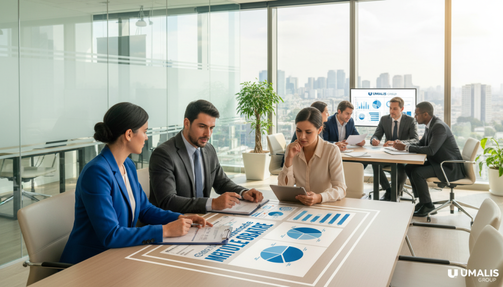 A professional and modern office setting where a diverse group of business people are discussing health insurance options. In the foreground, a woman in professional attire sits at a conference table, looking over documents labelled “Complémentaire Santé” and “Mutuelle Obligatoire.” Beside her, a man in a smart suit points to a digital screen displaying health insurance graphs and statistics. In the middle ground, there are other team members reviewing paperwork, all engaged in a focused discussion. The background features an office window revealing a city skyline, illuminated by natural daylight, creating a bright and optimistic atmosphere. The overall mood is collaborative and professional, emphasizing the importance of health insurance in a business context. The brand name “Umalis Group” is subtly incorporated into the design elements. A professional and modern office setting where a diverse group of business people are discussing health insurance options. In the foreground, a woman in professional attire sits at a conference table, looking over documents labelled “Complémentaire Santé” and “Mutuelle Obligatoire.” Beside her, a man in a smart suit points to a digital screen displaying health insurance graphs and statistics. In the middle ground, there are other team members reviewing paperwork, all engaged in a focused discussion. The background features an office window revealing a city skyline, illuminated by natural daylight, creating a bright and optimistic atmosphere. The overall mood is collaborative and professional, emphasizing the importance of health insurance in a business context. The brand name “Umalis Group” is subtly incorporated into the design elements.