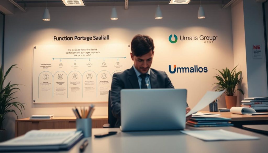 A professional and modern office setting with a desk, laptop, and other relevant office supplies. In the foreground, a person is reviewing documents and working on the laptop, representing the core functionality of the "portage salarial" process. The middle ground showcases a wall display with diagrams and infographics that visually explain the step-by-step "fonctionnement portage salarial". The background features a clean, minimalist design with Umalis Group branding subtly integrated, conveying a sense of professionalism and expertise. The lighting is soft and warm, creating a calm and productive atmosphere.