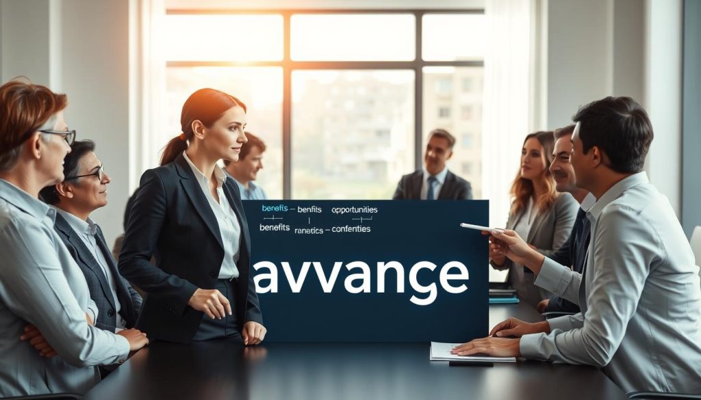 A professional and modern office setting with a diverse group of people engaged in a thoughtful discussion around a large table. In the foreground, a confident businesswoman in a tailored suit points towards a chart displaying various advantages, while her colleagues attentively take notes. The background features a window with natural sunlight flooding into the room, creating a warm and inviting atmosphere. The middle ground includes a digital screen displaying keywords related to "avantage," such as "benefits" and "opportunities." A sleek and organized workspace adds to the professionalism, emphasizing collaboration and innovation. The overall mood is optimistic and inspiring, symbolizing success and strategic thinking in a business context.