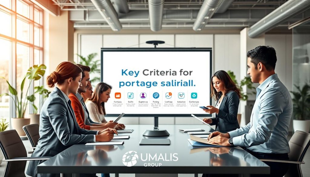 A professional and modern office setting, with a focus on criteria for being a portage salarial employee. In the foreground, a diverse group of individuals in professional business attire, engaged in a discussion around a sleek conference table, reviewing documents and digital devices. In the middle, a large screen displays the words "Key Criteria for Portage Salarial" in a visually appealing infographic style, featuring icons for skills, experience, and qualifications. The background reveals a bright and inviting office environment with large windows letting in natural light, plants, and contemporary furnishings. The mood is collaborative and aspirational, reflecting a sense of growth and security in one's career path. The logo of UMALIS GROUP is subtly integrated into the setting, enhancing the professional atmosphere.