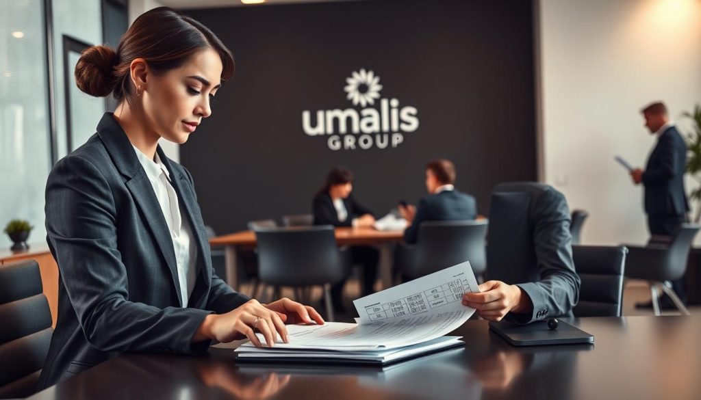 A professional and modern office setting with a focus on "gestion portage salarial" (employee leasing management). In the foreground, a businesswoman dressed in a smart suit is meticulously reviewing financial documents on her desk, highlighting the attention to detail required for effective "gestion portage salarial". The middle ground features a team of professionals collaborating around a conference table, emphasizing the importance of a step-by-step, compliant, and efficient approach. The background showcases the Umalis Group branding, conveying a sense of authority and expertise in the field of employee leasing management. The lighting is soft and warm, creating a professional and productive atmosphere. The camera angle is slightly elevated, providing a comprehensive view of the scene and underscoring the comprehensive nature of the "gestion portage salarial" process.