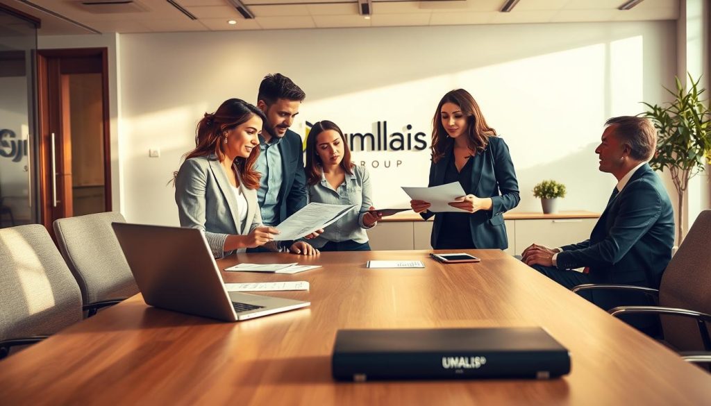 A professional and modern office setting with a focus on the concept of "durée missions portage salarial". In the foreground, a group of professionals reviewing documents and discussing a project, their expressions conveying a sense of collaboration and focus. The middle ground features a large, sleek desk with a laptop, pen, and other office supplies, creating a sense of an active workplace. In the background, subtle branding for "Umalis Group" is visible, reinforcing the professional nature of the scene. The lighting is warm and natural, creating a comfortable and productive atmosphere. The overall composition and attention to detail effectively illustrate the "Durée et renouvellement des missions en portage salarial" section of the article.