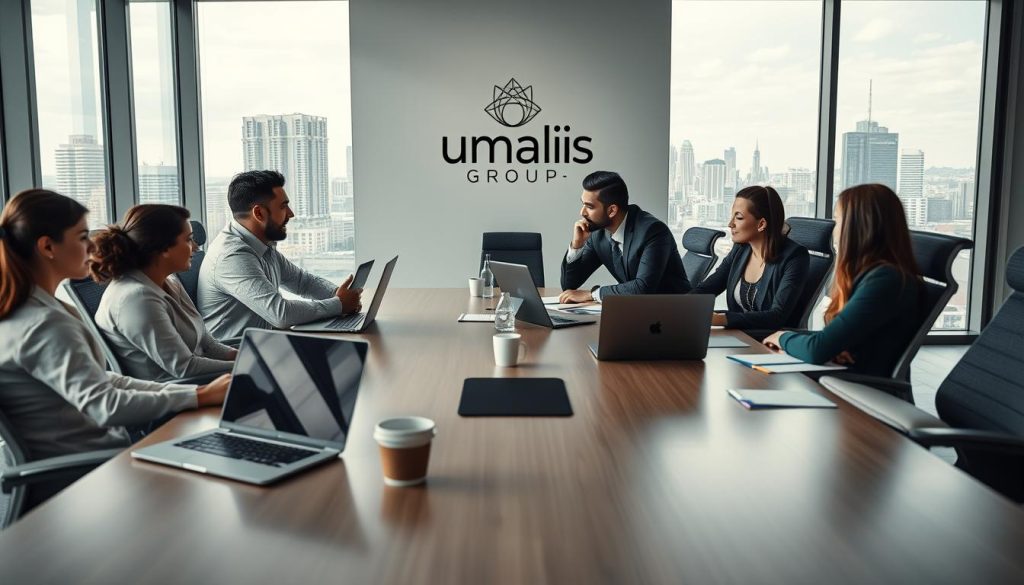 A professional and modern office setting with a focused group of consultants in "portage salarial" discussing business strategies. The foreground features a large conference table with laptops, papers, and a cup of coffee, surrounded by ergonomic chairs. The middle ground showcases the Umalis Group logo prominently displayed on the wall, conveying a sense of professionalism and trust. In the background, floor-to-ceiling windows provide natural lighting and overlook a bustling city skyline, creating a dynamic and inspiring atmosphere. The overall mood is one of collaboration, expertise, and industry leadership.
