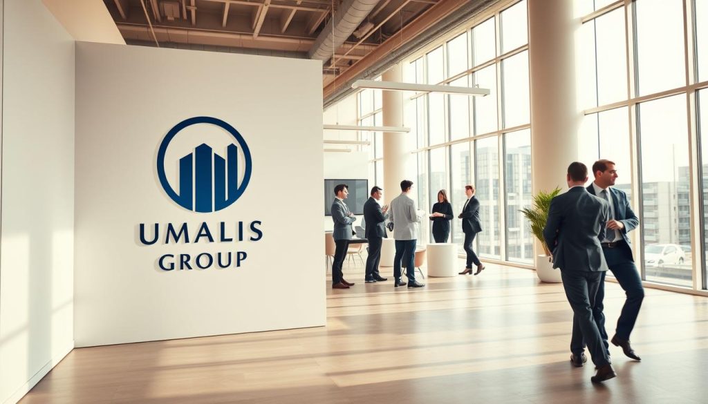 A professional and modern office setting, with a well-lit interior featuring large windows, clean white walls, and sleek, minimalist furniture. In the foreground, a UMALIS GROUP logo is prominently displayed on a large wall panel, signifying the company's presence. In the middle ground, several business professionals are engaged in discussions, representing the "entreprise portage salarial" concept. The scene conveys a sense of productivity, collaboration, and a focus on efficient workflow. The lighting is warm and natural, creating a welcoming and professional atmosphere. The angle is slightly elevated, providing a comprehensive view of the workspace.
