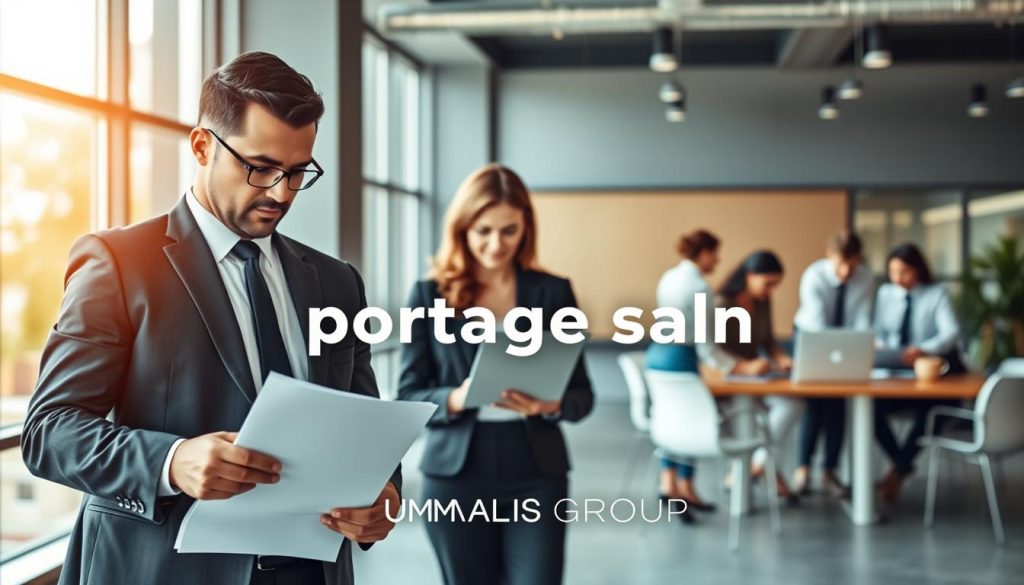 A professional and modern office setting with three individuals, representing the different types of "portage salarial" contracts. In the foreground, a male executive in a suit reviewing documents, symbolizing the traditional employment contract. In the middle ground, a female freelancer working on a laptop, signifying the independent contractor arrangement. In the background, a group collaborating on a project, depicting the team-based consultancy model. The scene is lit by warm, natural lighting from large windows, creating a productive and collaborative atmosphere. The UMALIS GROUP logo is prominently displayed, highlighting their expertise in "portage salarial" solutions.