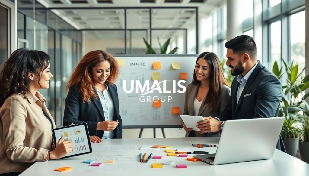 A professional and modern office workspace showcasing collaborative communication tools. In the foreground, a diverse group of three professionals of various ethnicities are engaged in a brainstorming session, dressed in stylish business attire, with a digital tablet and a laptop open in front of them, displaying charts and visuals. In the middle ground, a large whiteboard filled with colorful markers illustrating collaborative ideas, alongside sticky notes. In the background, sleek offices with glass walls and plants, creating a vibrant work environment. Natural daylight filters through the windows, providing a warm and inviting atmosphere. Incorporate the brand name "UMALIS GROUP" subtly within a decorative element in the workspace, ensuring it complements the scene. The overall mood conveys teamwork, innovation, and effective communication for successful project management.