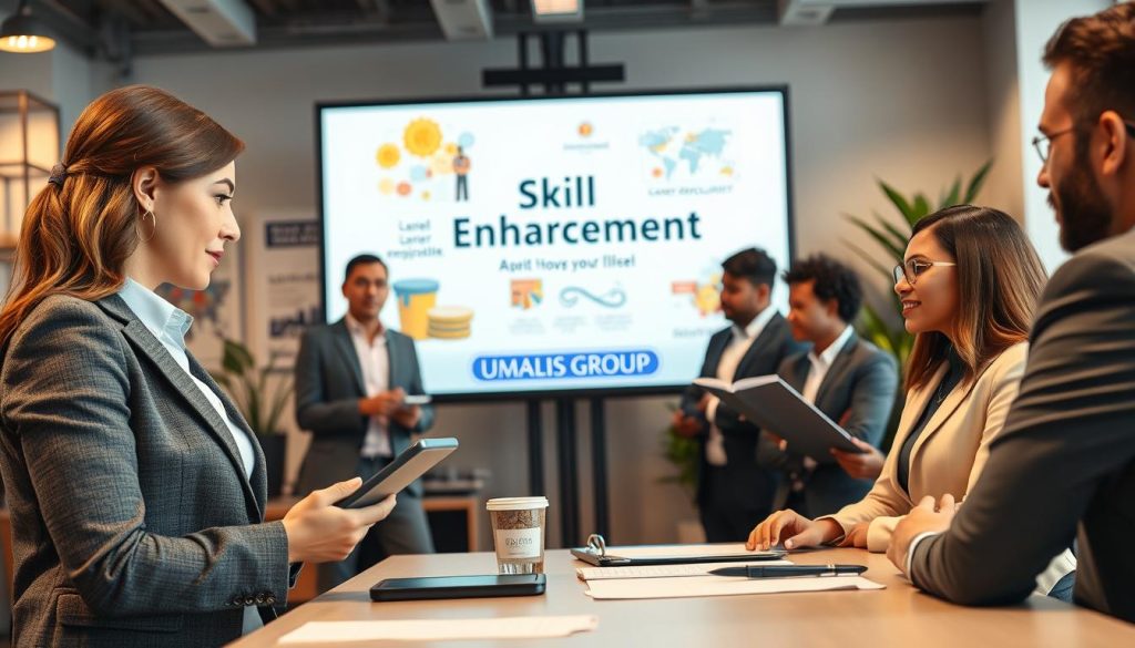 A professional and modern workplace setting showcasing a diverse group of individuals engaged in a collaborative training session. In the foreground, a female trainer in a smart business outfit explains concepts on a digital tablet, while participants, dressed in professional business attire, listen attentively and take notes. In the middle ground, a large screen displays the words "Skill Enhancement" amidst graphics related to career development and financial security. The background features a well-lit office environment with motivational posters and plants, suggesting a growth mindset. The atmosphere is focused yet encouraging, with warm lighting creating a sense of optimism. Include the brand name "UMALIS GROUP" subtly integrated into the presentation on the screen.