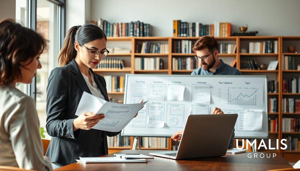 A professional and modern workspace featuring a diverse group of freelancers engaged in discussions about tax options and obligations. In the foreground, a woman in smart business attire is studying a document, her focused expression illuminating the importance of the choices in front of her. Beside her, a man in a casual but professional outfit is analyzing a laptop screen showing graphs and charts related to taxation. In the middle ground, a whiteboard with neatly organized tax-related notes and diagrams showcases various tax options available for freelancers. The background includes shelves filled with books about finance and freelance work, enhancing the scholarly atmosphere. Natural light flows in through large windows, creating a warm and inviting mood for collaboration. Subtle branding of "UMALIS GROUP" is integrated into the decor. A professional and modern workspace featuring a diverse group of freelancers engaged in discussions about tax options and obligations. In the foreground, a woman in smart business attire is studying a document, her focused expression illuminating the importance of the choices in front of her. Beside her, a man in a casual but professional outfit is analyzing a laptop screen showing graphs and charts related to taxation. In the middle ground, a whiteboard with neatly organized tax-related notes and diagrams showcases various tax options available for freelancers. The background includes shelves filled with books about finance and freelance work, enhancing the scholarly atmosphere. Natural light flows in through large windows, creating a warm and inviting mood for collaboration. Subtle branding of "UMALIS GROUP" is integrated into the decor.