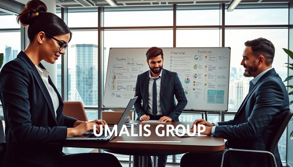 A professional and modern workspace featuring a diverse team collaborating on a project related to freelance visibility strategies. In the foreground, a confident woman in smart business attire types on a laptop, while a man in a suit consults with her, both engaged in a focused discussion. In the middle, a whiteboard filled with colorful diagrams and notes about marketing and client relationships. In the background, large windows let in natural light, showcasing a bustling cityscape, symbolizing growth and opportunity. The atmosphere is energetic and optimistic, with a color palette of blues and greens that conveys professionalism. Incorporate the brand name "UMALIS GROUP" subtly within the workspace elements.