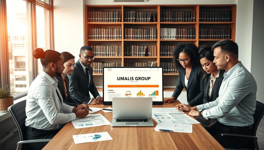 A professional and modern workspace setting depicting the concept of freelance legal framework. In the foreground, a diverse group of professionals in smart business attire are engaged in a discussion around a large table. They are reviewing documents and charts that illustrate freelance rights, laws, and contracts. In the middle, a laptop shows a website with the brand name "UMALIS GROUP," emphasizing legal resources for freelancers. The background features shelves filled with legal books and a large window allowing warm, natural light to fill the room, creating an inviting and productive atmosphere. The mood is focused and ambitious, illustrating the empowerment of freelancers in understanding their legal rights.