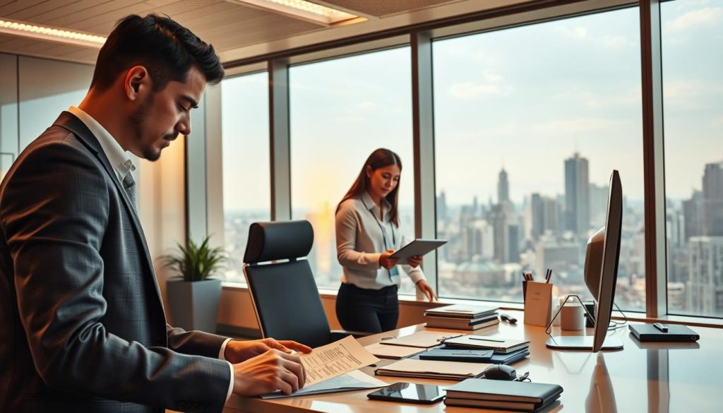 A professional and organized administrative office setting showcasing the Umalis Group's portage salarial model. In the foreground, a well-dressed executive reviews paperwork against the backdrop of a large desk with a modern computer setup. The middle ground features two colleagues collaborating on a project, their expressions conveying a sense of productivity and trust. The background depicts floor-to-ceiling windows overlooking a bustling city skyline, bathed in warm, natural lighting that creates a sophisticated, business-focused atmosphere. The overall scene exudes an air of expertise, security, and the tripartite nature of the portage salarial arrangement.